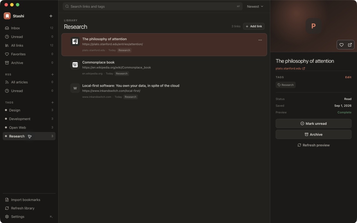Stashi showing a searchable link library, tags, and selected-link details