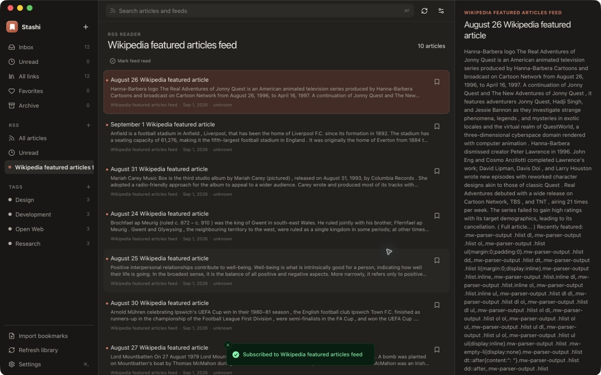 Stashi showing RSS articles beside a selected article